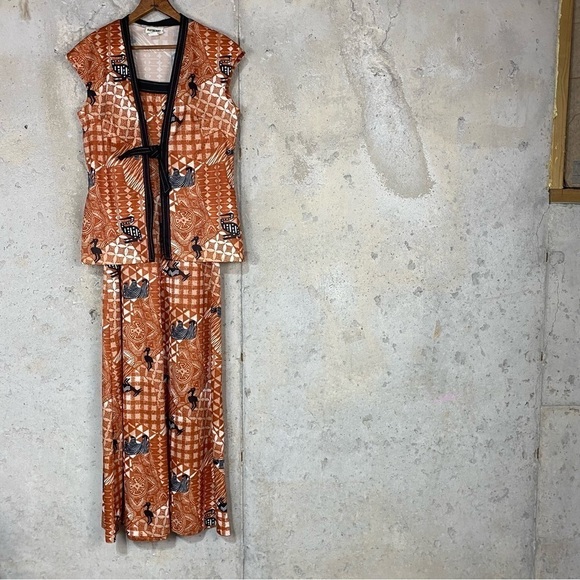 Vintage 80s burnt orange beige black zoo animal tribal maxi dress set medium - Picture 4 of 9